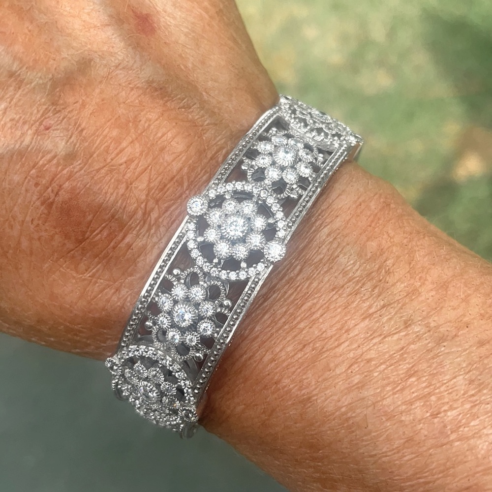 Judith Ripka sterling silver and Diamonique flower cuff bracelet